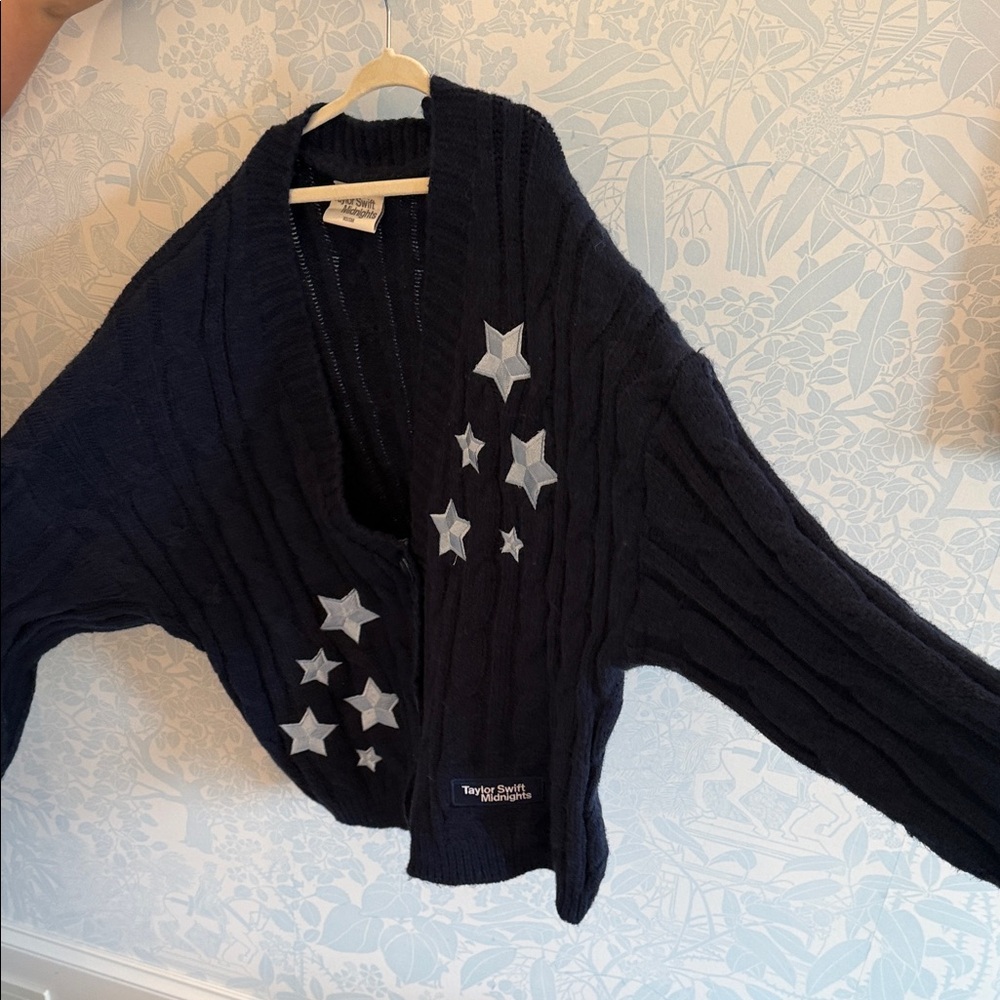 Taylor Swift Navy Cable Knit Cardigan with Silver Stars